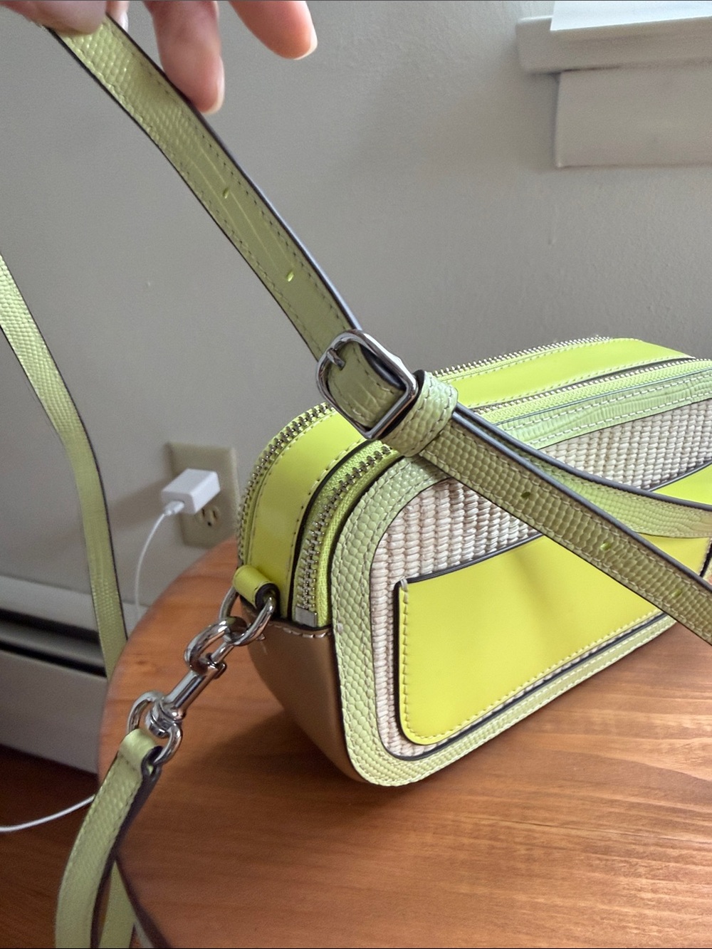 Tory Burch Lime Green Raffia Crossbody Camera Bag with Braided Strap - Picture 9 of 11